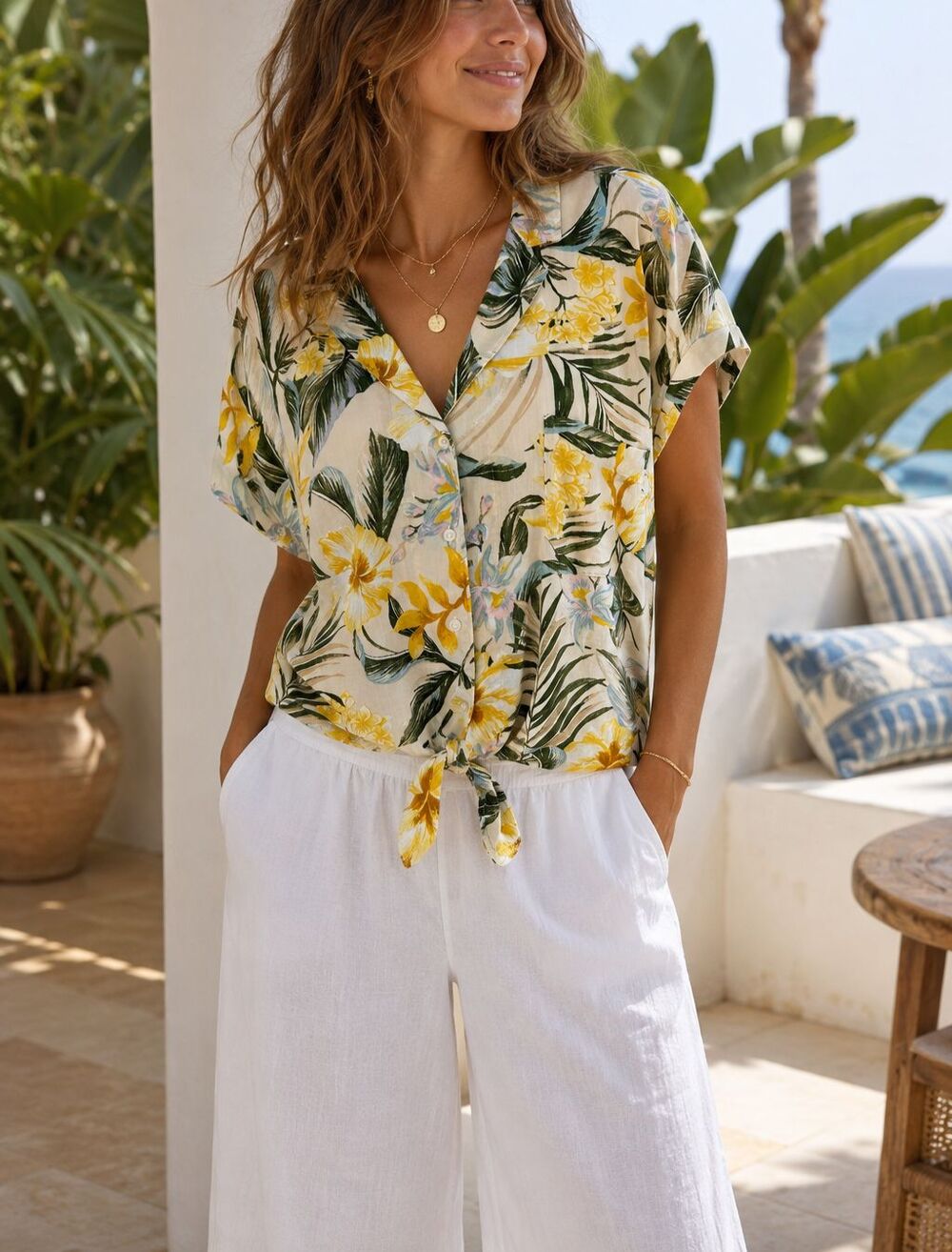 Old Navy Tie Front Tropical Floral Camp Shirt Cotton Blend XL NWT